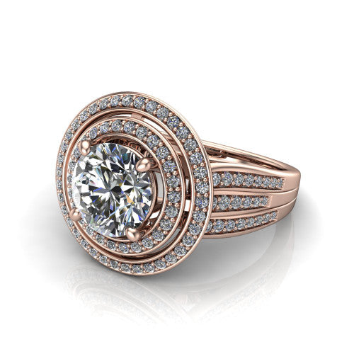 Stephanie round double halo engagement ring in 18K Rose Gold, three-quarter perspective showing the round center in a double pav&eacute; halo above a pav&eacute; split shank