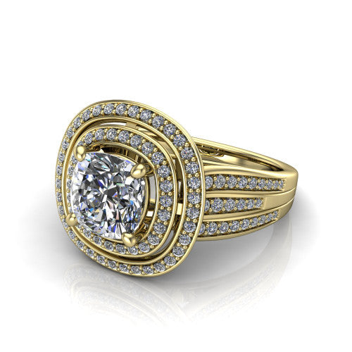 Stephanie cushion double halo engagement ring in 18K Yellow Gold, three-quarter perspective showing the cushion center in a double pav&eacute; halo above a pav&eacute; split shank