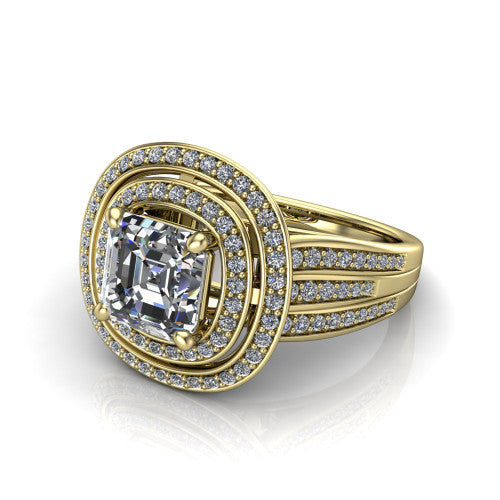 Stephanie square emerald double halo engagement ring in 14K Yellow Gold, three-quarter perspective showing the square emerald center in a double pav&eacute; halo above a pav&eacute; split shank