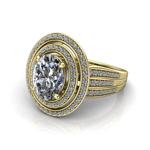 Stephanie oval double halo engagement ring in 18K Yellow Gold, three-quarter perspective showing the oval center in a double pav&eacute; halo above a pav&eacute; split shank