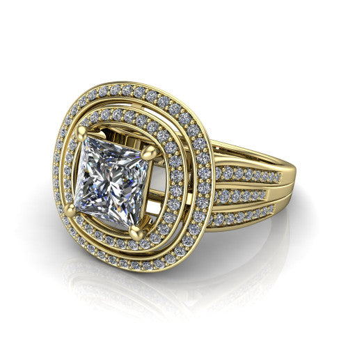 Stephanie princess double halo engagement ring in 18K Yellow Gold, three-quarter perspective showing the princess center in a double pav&eacute; halo above a pav&eacute; split shank
