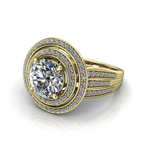 Stephanie round double halo engagement ring in 18K Yellow Gold, three-quarter perspective showing the round center in a double pav&eacute; halo above a pav&eacute; split shank