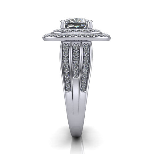 Stephanie cushion double halo engagement ring in 14K White Gold, side profile showing the pav&eacute; split shank and the stacked double halo in profile