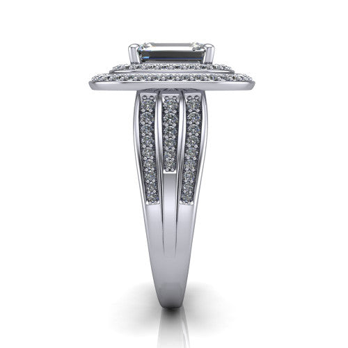Stephanie emerald double halo engagement ring in 14K White Gold, side profile showing the pav&eacute; split shank and the stacked double halo in profile