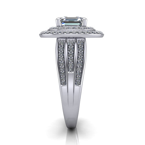 Stephanie square emerald double halo engagement ring in 14K White Gold, side profile showing the pav&eacute; split shank and the stacked double halo in profile