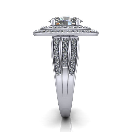 Stephanie oval double halo engagement ring in Platinum, side profile showing the pav&eacute; split shank and the stacked double halo in profile