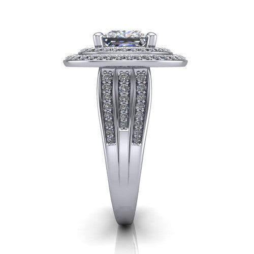 Stephanie princess double halo engagement ring in Platinum, side profile showing the pav&eacute; split shank and the stacked double halo in profile