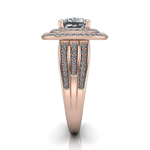 Stephanie cushion double halo engagement ring in 14K Rose Gold, side profile showing the pav&eacute; split shank and the stacked double halo in profile