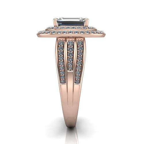 Stephanie emerald double halo engagement ring in 14K Rose Gold, side profile showing the pav&eacute; split shank and the stacked double halo in profile