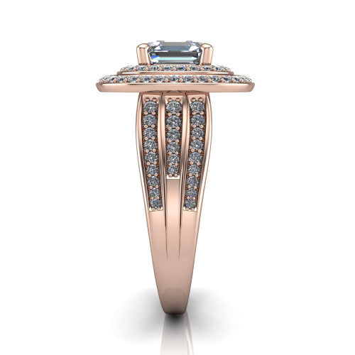 Stephanie square emerald double halo engagement ring in 18K Rose Gold, side profile showing the pav&eacute; split shank and the stacked double halo in profile
