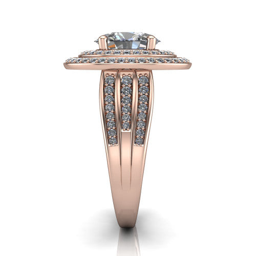 Stephanie oval double halo engagement ring in 18K Rose Gold, side profile showing the pav&eacute; split shank and the stacked double halo in profile