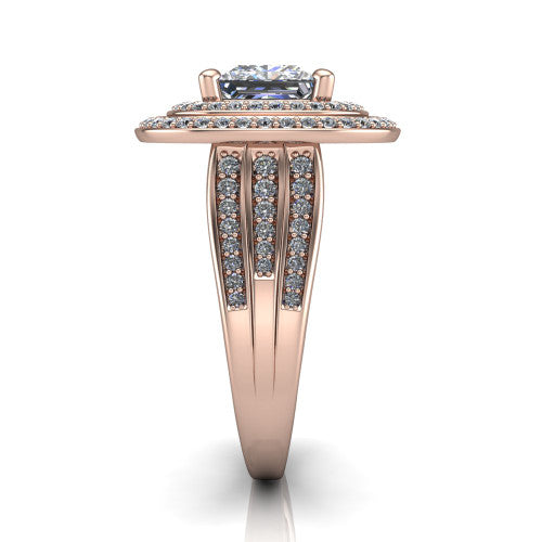 Stephanie princess double halo engagement ring in 14K Rose Gold, side profile showing the pav&eacute; split shank and the stacked double halo in profile