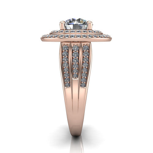 Stephanie round double halo engagement ring in 14K Rose Gold, side profile showing the pav&eacute; split shank and the stacked double halo in profile
