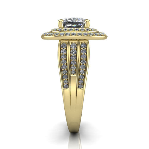 Stephanie cushion double halo engagement ring in 18K Yellow Gold, side profile showing the pav&eacute; split shank and the stacked double halo in profile
