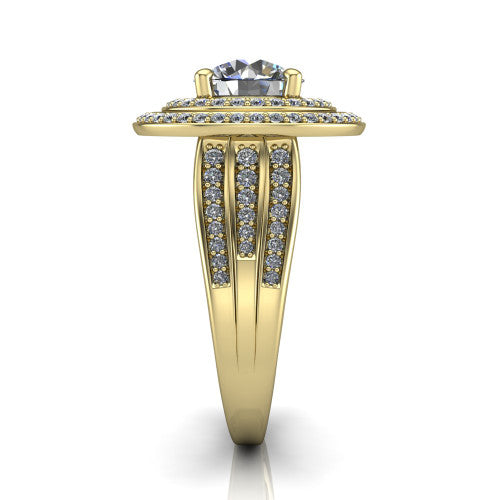Stephanie round double halo engagement ring in 14K Yellow Gold, side profile showing the pav&eacute; split shank and the stacked double halo in profile