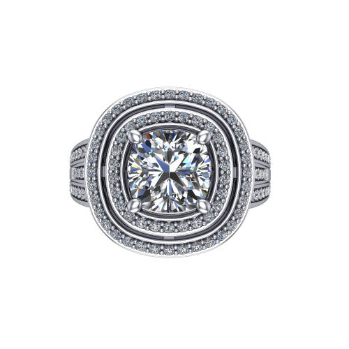 Stephanie cushion double halo engagement ring in Platinum, top-down view showing the inner and outer pav&eacute; halo framing the cushion center from above