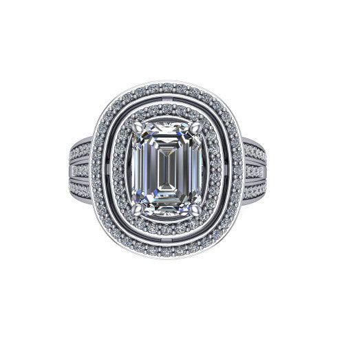 Stephanie emerald double halo engagement ring in Platinum, top-down view showing the inner and outer pav&eacute; halo framing the emerald center from above