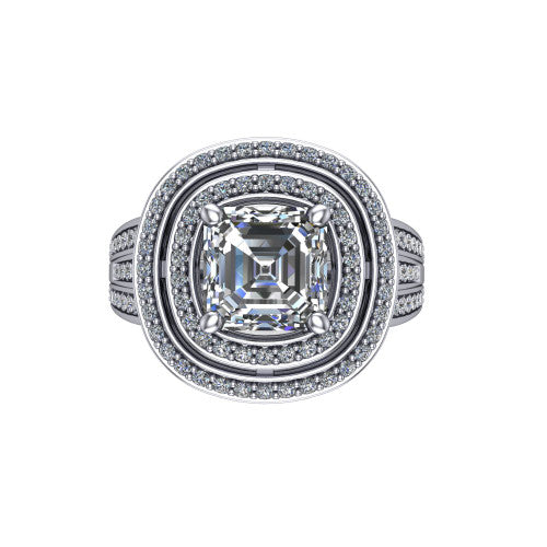 Stephanie square emerald double halo engagement ring in 14K White Gold, top-down view showing the inner and outer pav&eacute; halo framing the square emerald center from above