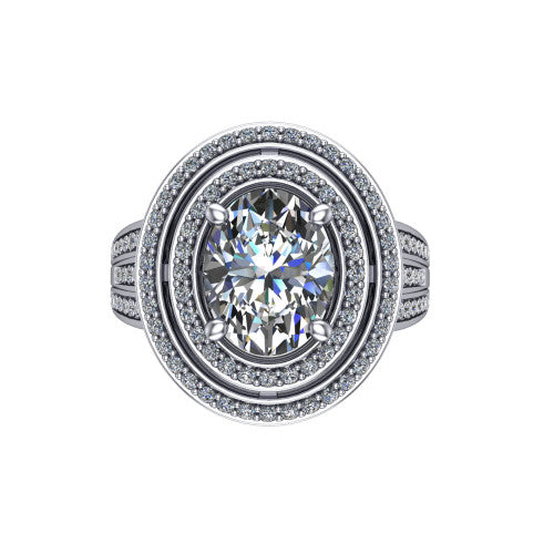 Stephanie oval double halo engagement ring in Platinum, top-down view showing the inner and outer pav&eacute; halo framing the oval center from above