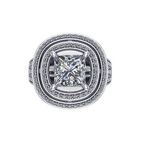 Stephanie princess double halo engagement ring in 18K White Gold, top-down view showing the inner and outer pav&eacute; halo framing the princess center from above