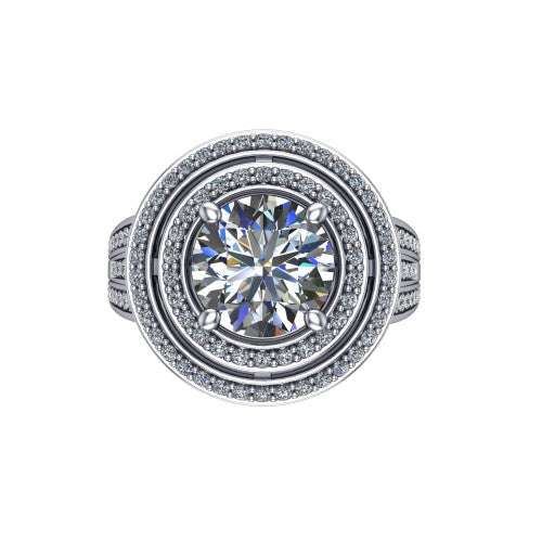 Stephanie round double halo engagement ring in 18K White Gold, top-down view showing the inner and outer pav&eacute; halo framing the round center from above