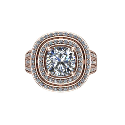 Stephanie cushion double halo engagement ring in 14K Rose Gold, top-down view showing the inner and outer pav&eacute; halo framing the cushion center from above