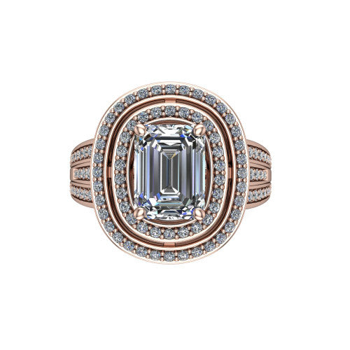 Stephanie emerald double halo engagement ring in 14K Rose Gold, top-down view showing the inner and outer pav&eacute; halo framing the emerald center from above