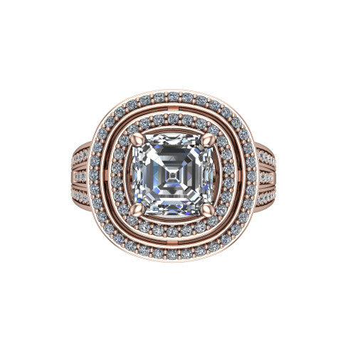 Stephanie square emerald double halo engagement ring in 14K Rose Gold, top-down view showing the inner and outer pav&eacute; halo framing the square emerald center from above