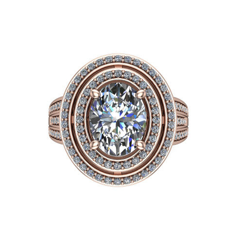 Stephanie oval double halo engagement ring in 18K Rose Gold, top-down view showing the inner and outer pav&eacute; halo framing the oval center from above