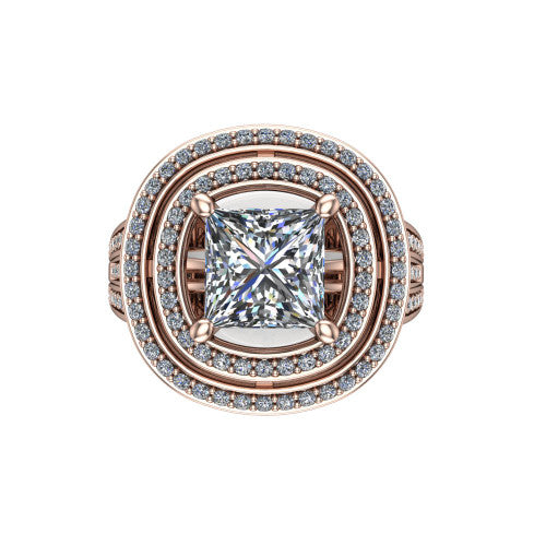 Stephanie princess double halo engagement ring in 14K Rose Gold, top-down view showing the inner and outer pav&eacute; halo framing the princess center from above