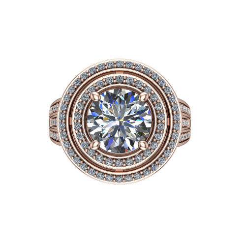 Stephanie round double halo engagement ring in 18K Rose Gold, top-down view showing the inner and outer pav&eacute; halo framing the round center from above
