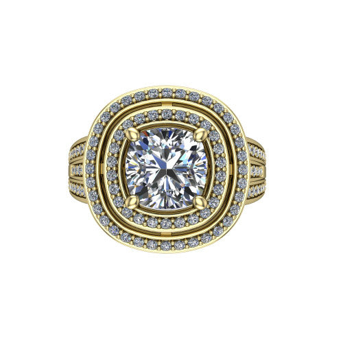 Stephanie cushion double halo engagement ring in 18K Yellow Gold, top-down view showing the inner and outer pav&eacute; halo framing the cushion center from above