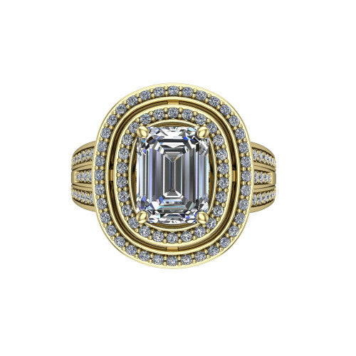 Stephanie emerald double halo engagement ring in 18K Yellow Gold, top-down view showing the inner and outer pav&eacute; halo framing the emerald center from above