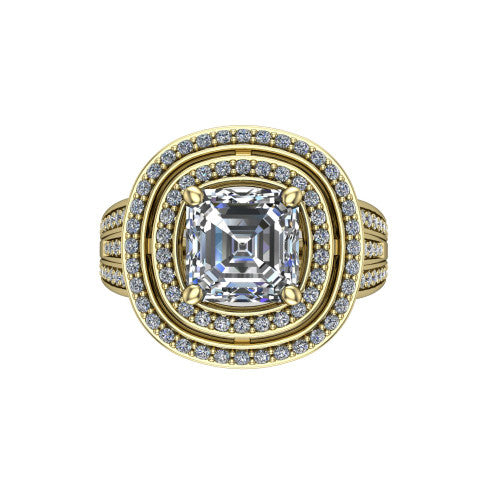 Stephanie square emerald double halo engagement ring in 14K Yellow Gold, top-down view showing the inner and outer pav&eacute; halo framing the square emerald center from above