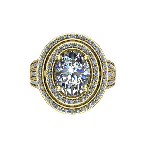 Stephanie oval double halo engagement ring in 14K Yellow Gold, top-down view showing the inner and outer pav&eacute; halo framing the oval center from above