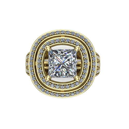 Stephanie princess double halo engagement ring in 14K Yellow Gold, top-down view showing the inner and outer pav&eacute; halo framing the princess center from above