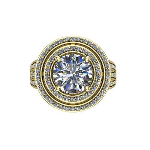 Stephanie round double halo engagement ring in 18K Yellow Gold, top-down view showing the inner and outer pav&eacute; halo framing the round center from above