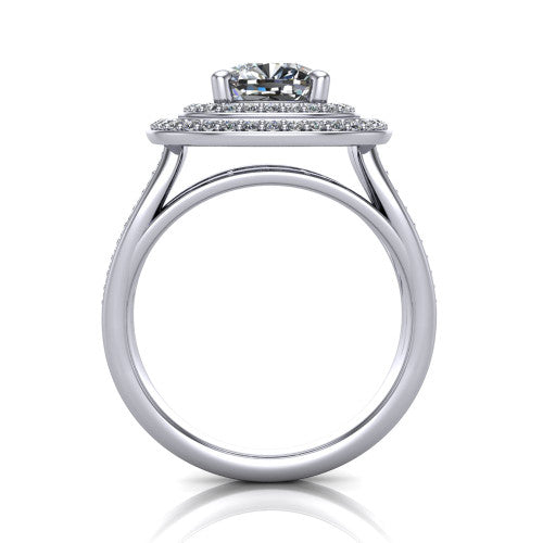 Stephanie cushion double halo engagement ring in 14K White Gold, through-finger front profile showing the double-halo head raised above the open under-gallery