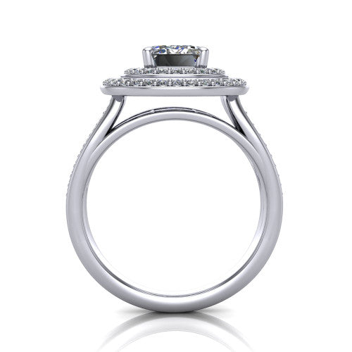 Stephanie emerald double halo engagement ring in 18K White Gold, through-finger front profile showing the double-halo head raised above the open under-gallery