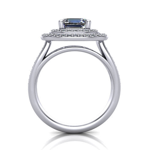 Stephanie square emerald double halo engagement ring in Platinum, through-finger front profile showing the double-halo head raised above the open under-gallery