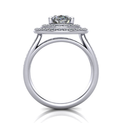Stephanie oval double halo engagement ring in 18K White Gold, through-finger front profile showing the double-halo head raised above the open under-gallery