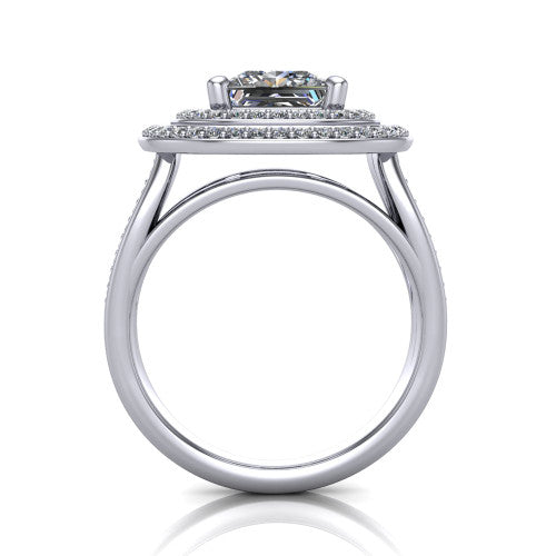 Stephanie princess double halo engagement ring in Platinum, through-finger front profile showing the double-halo head raised above the open under-gallery