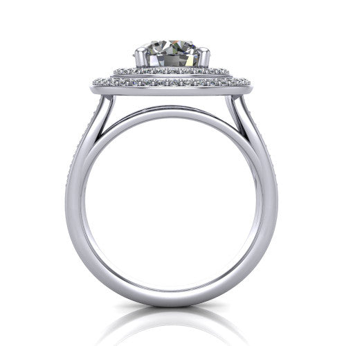 Stephanie round double halo engagement ring in Platinum, through-finger front profile showing the double-halo head raised above the open under-gallery
