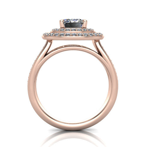 Stephanie emerald double halo engagement ring in 14K Rose Gold, through-finger front profile showing the double-halo head raised above the open under-gallery