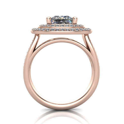 Stephanie princess double halo engagement ring in 14K Rose Gold, through-finger front profile showing the double-halo head raised above the open under-gallery