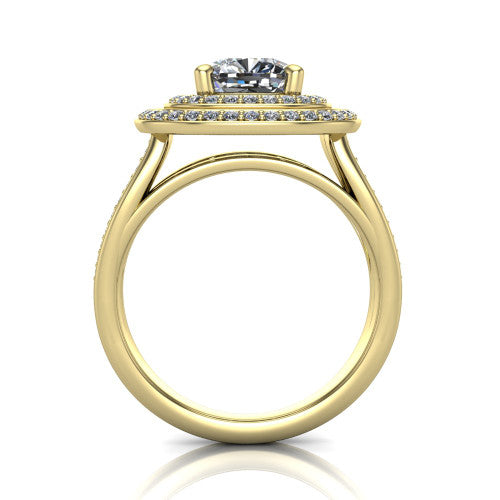 Stephanie cushion double halo engagement ring in 18K Yellow Gold, through-finger front profile showing the double-halo head raised above the open under-gallery