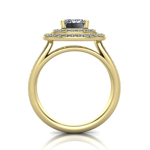 Stephanie emerald double halo engagement ring in 18K Yellow Gold, through-finger front profile showing the double-halo head raised above the open under-gallery