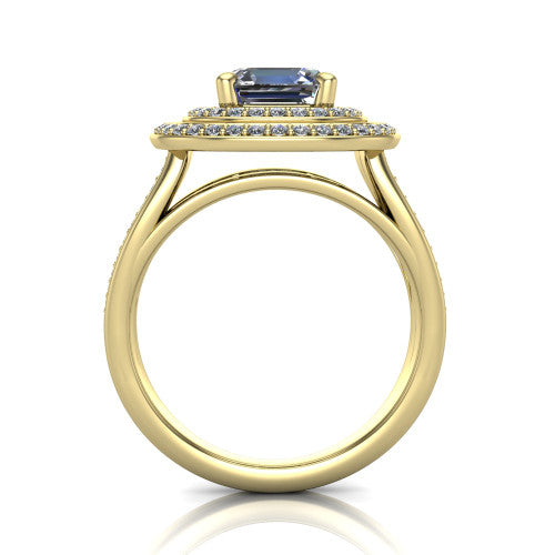 Stephanie square emerald double halo engagement ring in 18K Yellow Gold, through-finger front profile showing the double-halo head raised above the open under-gallery