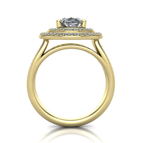 Stephanie oval double halo engagement ring in 14K Yellow Gold, through-finger front profile showing the double-halo head raised above the open under-gallery