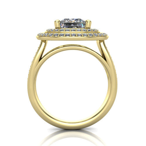 Stephanie princess double halo engagement ring in 14K Yellow Gold, through-finger front profile showing the double-halo head raised above the open under-gallery